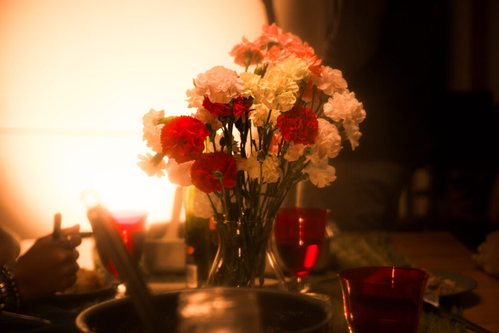 Flowers on the dinner table.