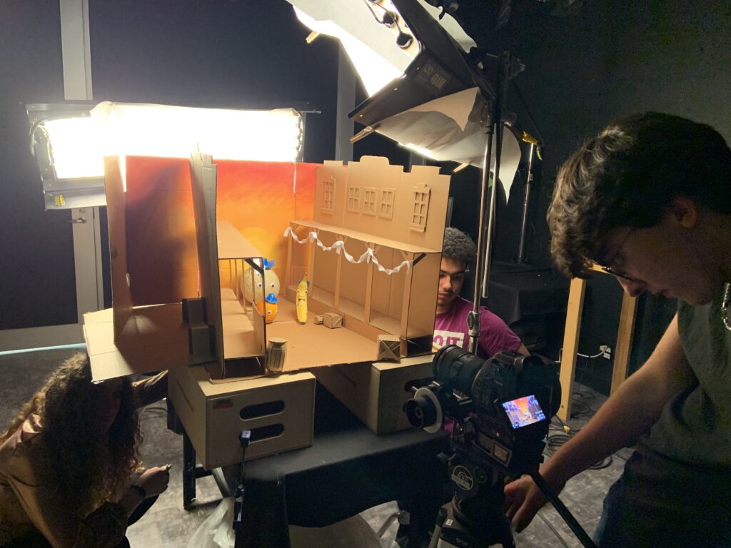 Sam (director) points a Canon C100 at a cardboard set propped up by apple boxes. Ela and Santiago (puppeteers) crouch underneath and hold their puppets.